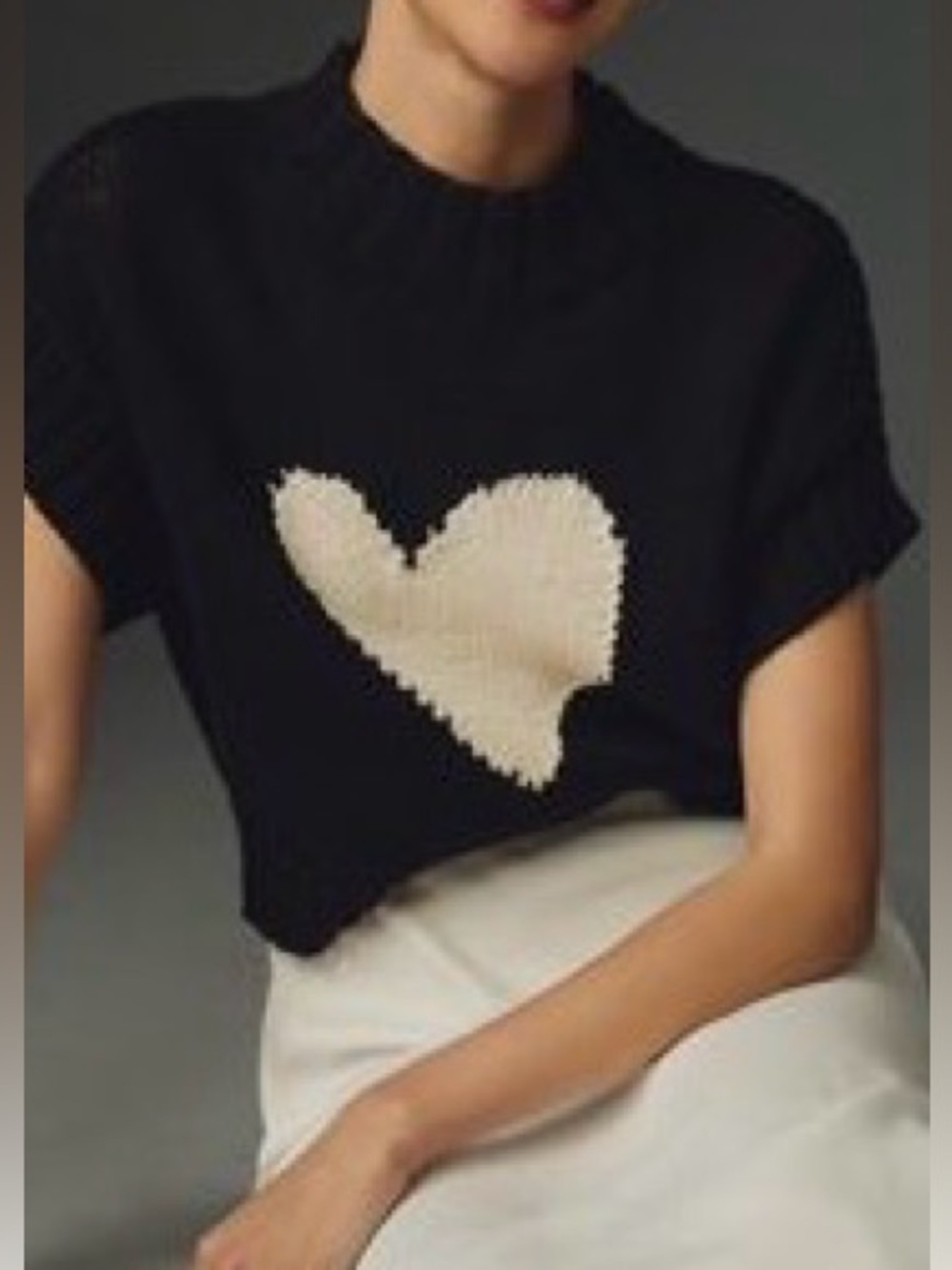 Maeve Black Short-Sleeve Mock-Neck Sweater with Ivory Heart